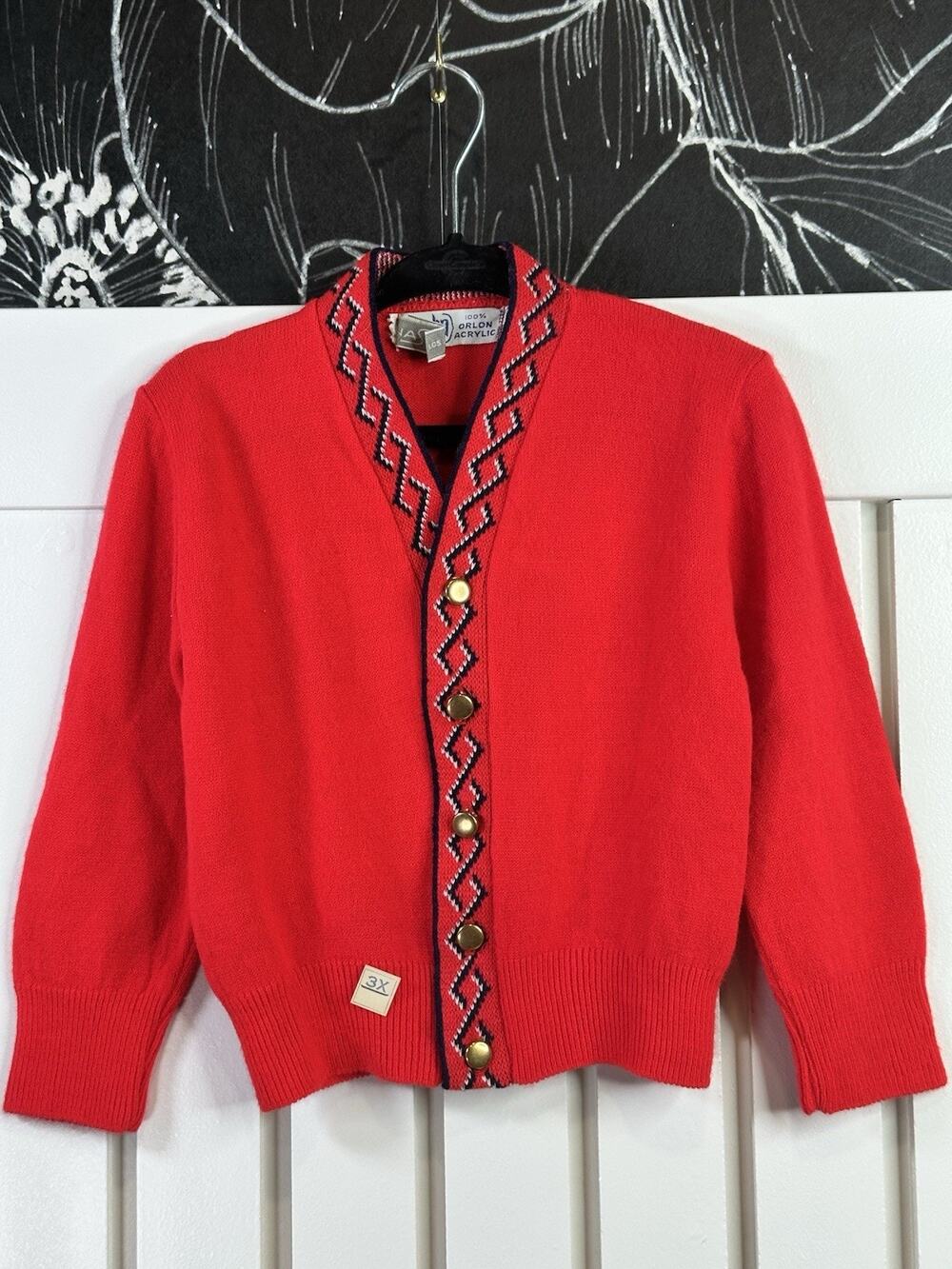 Vintage 1950s Toddler Cardigan 3T Red Orlon Geometric Gold Buttons Mid Century